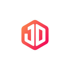 Initial letter jd, rounded hexagon logo, gradient red orange colors