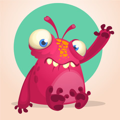 Happy cartoon alien. Halloween vector illustration of happy monster waving