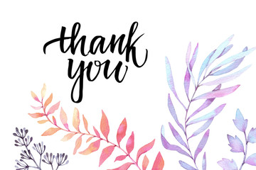 Obraz premium Hand drawn watercolor illustration. Autumn Botanical clipart. Thank you card with purple leaves, herbs and branches. Floral Design elements. Perfect for wedding invitations, greeting cards, prints
