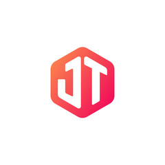 Initial letter jt, rounded hexagon logo, gradient red orange colors