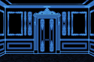 3d illustration of blue wireframe classical interior with the door