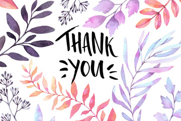 Hand drawn watercolor illustration. Autumn Botanical clipart. Thank you card with purple leaves, herbs and branches. Floral Design elements. Perfect for wedding invitations, greeting cards, prints