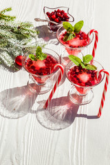 Cranberry drinks with lollipop candy cane on white rustic wooden table, Christmas background