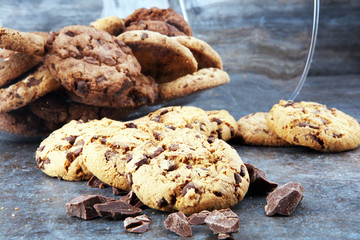 Chocolate cookies on white background. Chocolate chip cookies shot