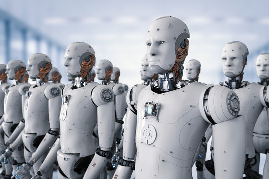 group of cyborgs in factory