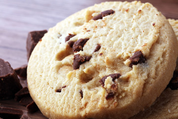 Chocolate chip cookies on table freshly baked