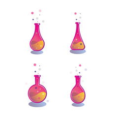 Test tube and flask. Laboratory test vector icon. Bright pink chemistry and science icon education concept. Set with different magic elixir.