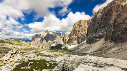 Fototapeta na wymiar Dolomites, Italy, landscape in cloudy day on summer season. Long exposure for capture Moving clouds