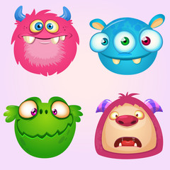Cute cartoon monsters collection. Vector set of 4 Halloween monster icons
