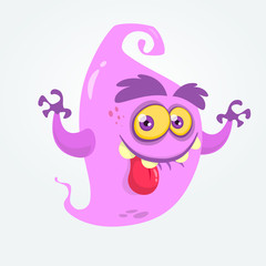 Funny cartoon ghost showing tongue and waving hands. Halloween vector  monster illustration