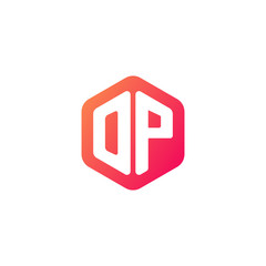 Initial letter op, rounded hexagon logo, gradient red orange colors	
 
