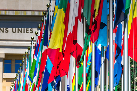 National flags at the entrance in UN office at Geneva, Switzerland