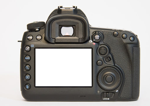 Modern DSLR Digital Camera from back Isolated On White Background