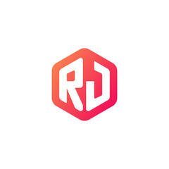 Initial letter rj, rounded hexagon logo, gradient red orange colors	
 
