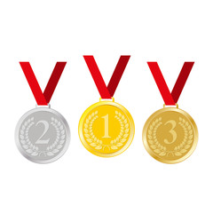 Medal icon set. Gold, silver and bronze medal with ribbon isolated on white background. 1st,  2nd, 3rd place award or winner sign. Vector illustration.