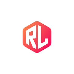 Initial letter rl, rounded hexagon logo, gradient red orange colors	
 
