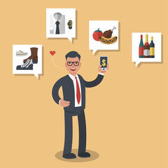 Businessman shopping on-line different goods like groceries, shoes and meats. Colored flat-style illustration on yellow background