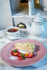 Tiramisu dessert on wooden table. Top view with copy space jpg