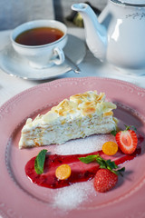 Tiramisu dessert on wooden table. Top view with copy space jpg