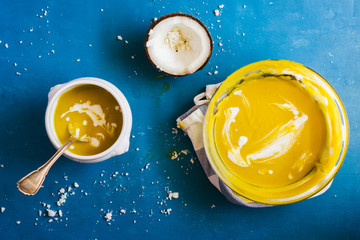Pumpkin soup with coconut cream.
