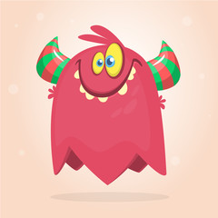 Cute red and horned cartoon monster. Funny flying monster with smiling expression and long tongue. Halloween vector illustration