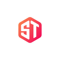 Initial letter st, rounded hexagon logo, gradient red orange colors	
 
