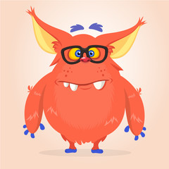Vector cartoon of a red fat and fluffy Halloween monster with big ears wearing glasses. Funny troll or gremlin character