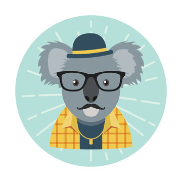 Hipster koala with glasses, mustache, bowler hat and necklace