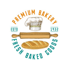 Rolling pin and Chef with loaf or kitchen, cooking stuff for menu decoration. logo emblem or label, engraved hand drawn in old sketch or and vintage style. premium bakery fresh baked goods.