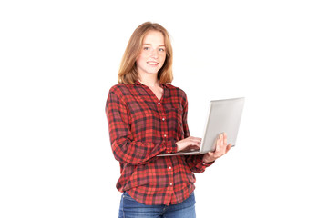 Portrait of female high school student using laptop