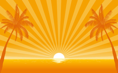 Fototapeta na wymiar Silhouette palm tree on beach in flat icon design with sunshine ray background