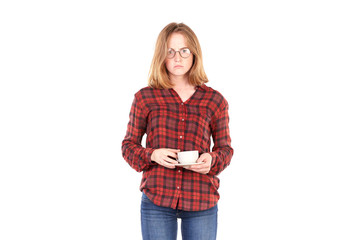 Portrait of pretty college girl holding clipboard and pencil
