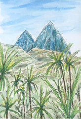 Caribbean (Leeward Antilles) landscape with two mountain peaks