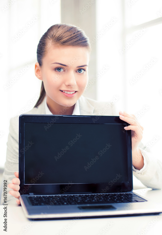 Sticker businesswoman with laptop in office