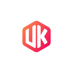 Initial letter uk, rounded hexagon logo, gradient red orange colors	
 
