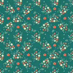 Seamless floral pattern millefleurs red white flower bouquet leaves sprigs arranged in diamond shape ornament on dark green background, fabric, tapestry, quilting