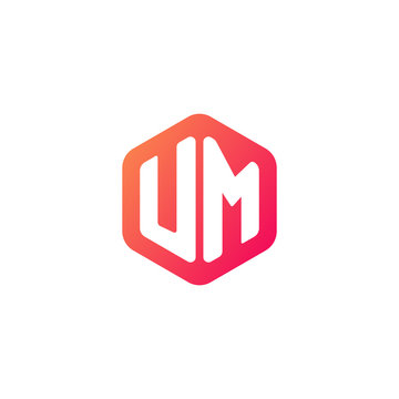 Initial letter um, rounded hexagon logo, gradient red orange colors	
 
