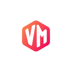 Initial letter vm, rounded hexagon logo, gradient red orange colors	
 
