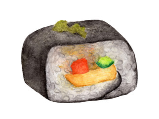 Sushi roll isolated on white background , with clipping path, Watercolor Japanese food.