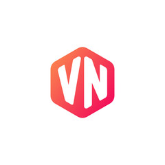 Initial letter vn, rounded hexagon logo, gradient red orange colors	
 
