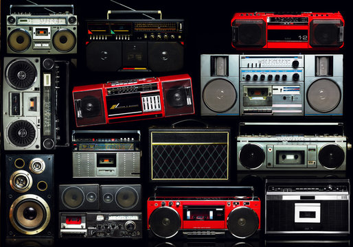 Vintage wall full of radio boombox of the 80s