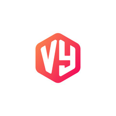 Initial letter vy, rounded hexagon logo, gradient red orange colors	
 
