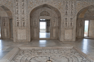 India: Agra Red Fort, a Unesco World Heritage site. Decorated marble walls and doors.