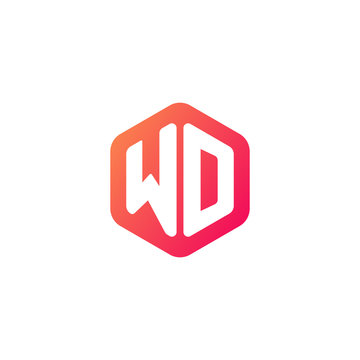 Initial letter wd, rounded hexagon logo, gradient red orange colors	
 
