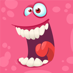 Cartoon monster face isolated . Vector Halloween pink happy monster square avatar