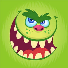 Fototapeta premium Cartoon monster face isolated . Vector Halloween happy gremlin square avatar. Funny troll, gremlin or goblin face