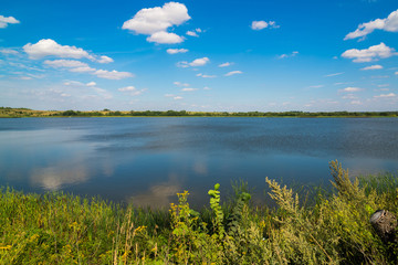 Summer landscape with lake in central Russia in August. Front focus