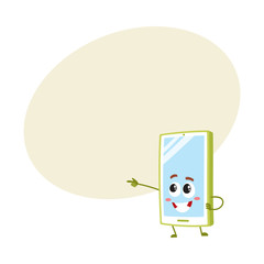 Cartoon mobile phone, smartphone character pointing to something with finger, vector illustration with space for text. Cartoon mobile phone, smartphone character drawing attention, pointing