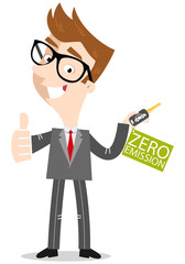 Vector illustration of cartoon businessman giving thumbs up holding car keys with zero-emission label