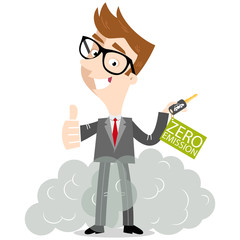 Vector illustration of cartoon businessman giving thumbs up holding car keys with zero-emission label